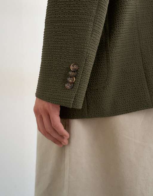 Topman oversized blazer i dekonstrueret seersucker i khaki, 4 af 5