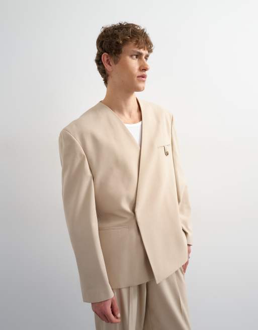 Topman - Oversized blazer zonder kraag in stone, 3 van 6