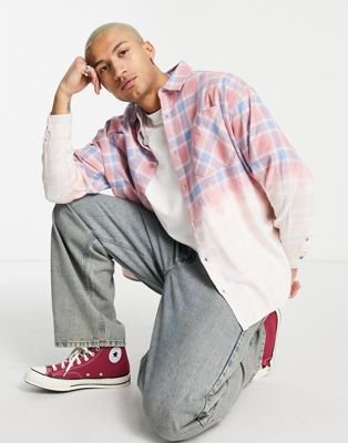 Topman oversized bleached check shirt in pink