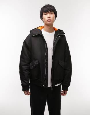 Topman oversized bomber jacket with hood in black