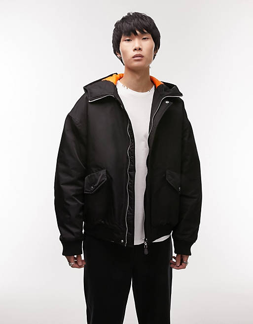 Topman oversized bomber jacket with hood in black | ASOS