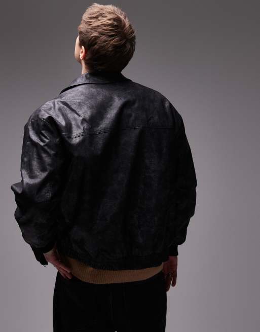 Topman - Oversized bomberjack van imitatieleer met distressed afwerking in zwart, 2 van 4