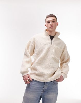Topman oversized borg 1/4 zip sweatshirt in ecru