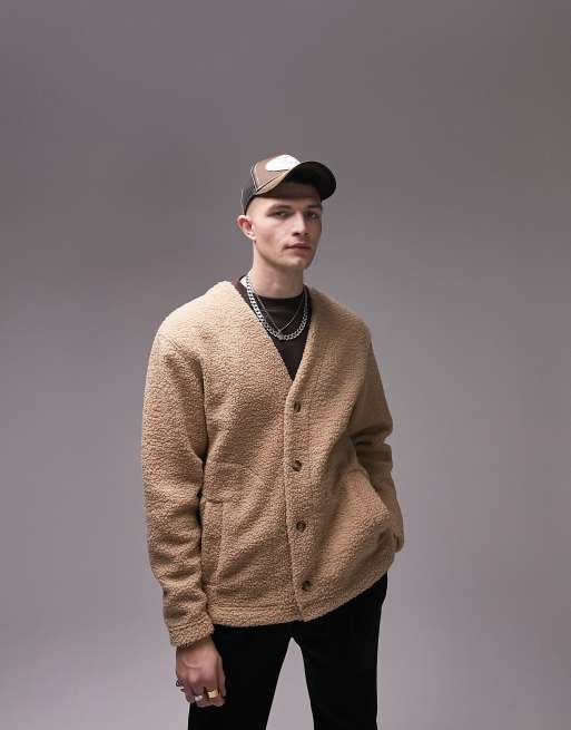 Topman oversized borg cardigan in camel