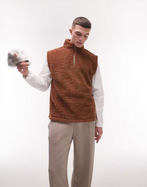 Topman oversized borg vest in brown