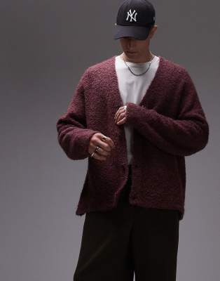 oversized boucle cardigan in berry-White