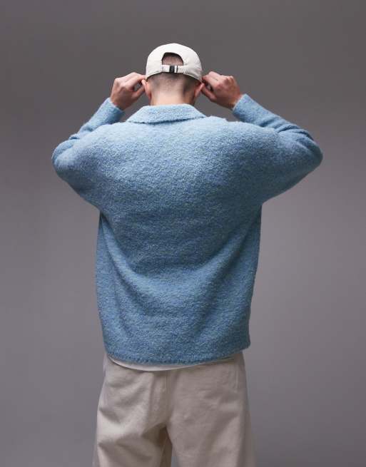 Topman - Oversized bouclé polo in gemêleerd blauw, 2 van 4