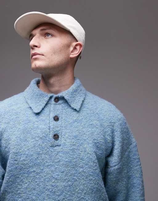 Topman - Oversized bouclé polo in gemêleerd blauw, 3 van 4