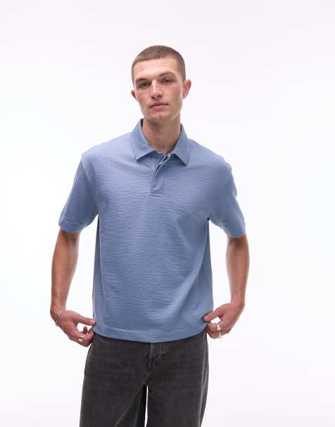Topman oversized boxy fit polo with seersucker stripe in blue - view 1