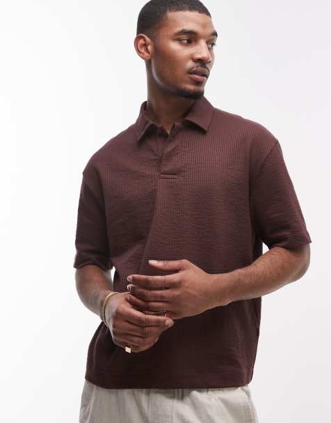 Topman oversized boxy fit polo with seersucker stripe in brown - view 1