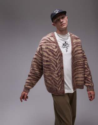 oversized brushed cardigan in animal print-Brown