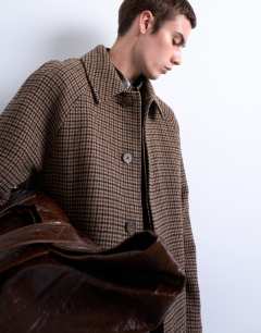 Model wearing Oversized brushed check overcoat with wool in brown