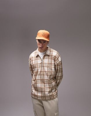Topman oversized super soft brushed check polo in stone