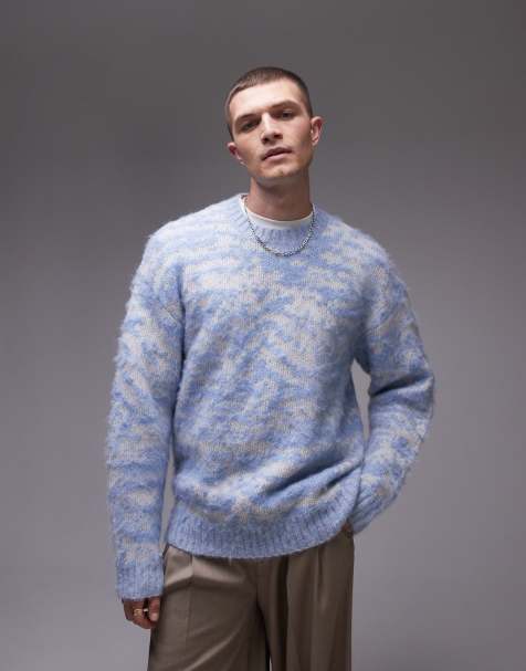 Topman oversized brushed jumper in blue animal print - view 1