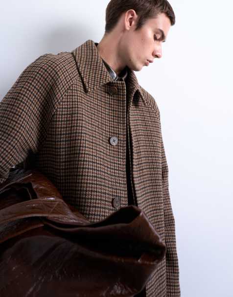 Topman oversized brushed plaid wool blend overcoat in brown - view 1