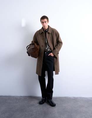 Topman Oversized Brushed Plaid Wool Blend Overcoat In Brown