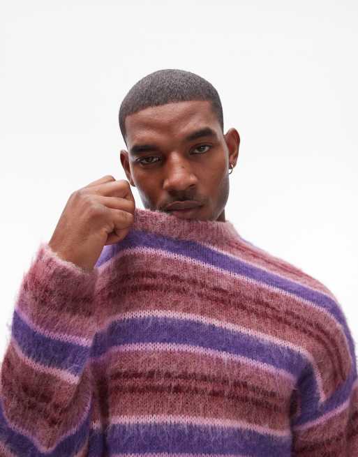 Topman oversized brushed striped jumper in stripe in pink and stripe, 4 of 5