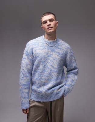 Topman Oversized Brushed Sweater In Blue Animal Print