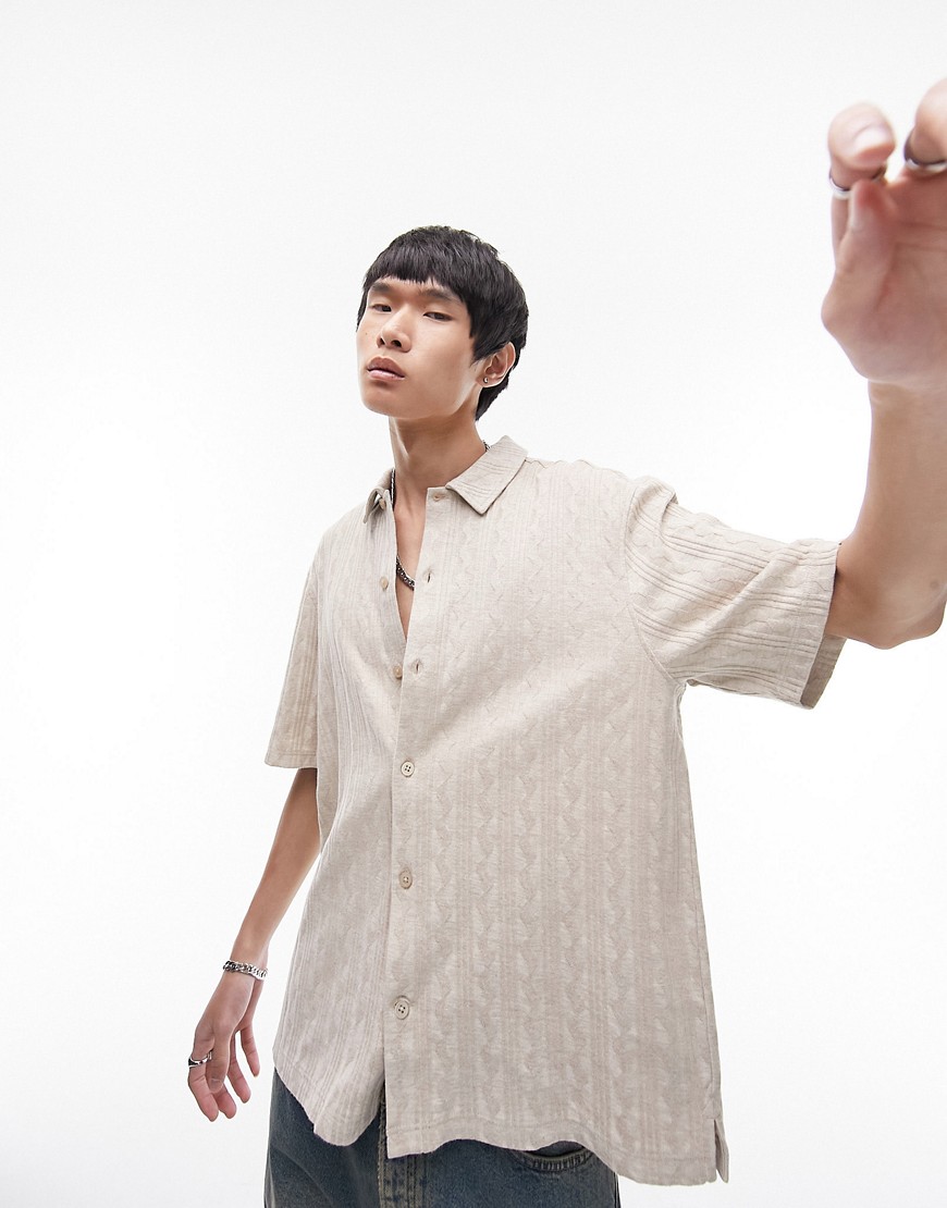 Topman Oversized Button Through Polo With Vertical Texture In Stone-neutral
