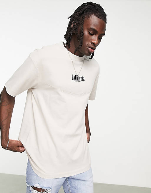 Topman oversized California embroidery t-shirt with rib panel in stone ...