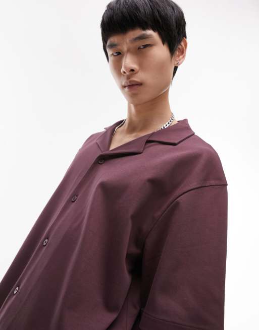 Topman oversized camp collar button up polo in brown