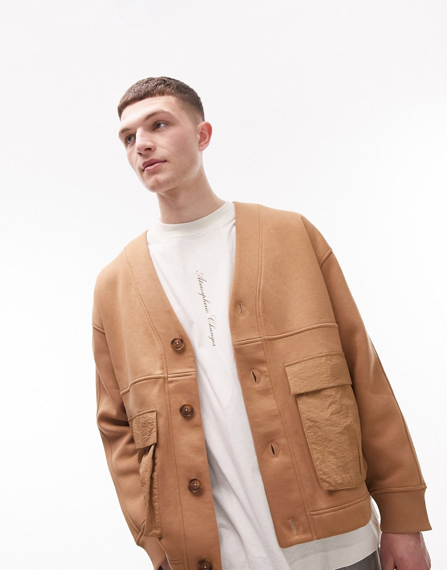 Topman oversized cardigan with nylon pockets in stone-Neutral