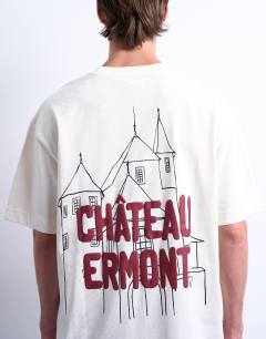 Model wearing Oversized Chateau Ermont applique t-shirt with back print in ecru
