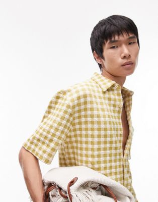 Topman oversized check button though polo in yellow