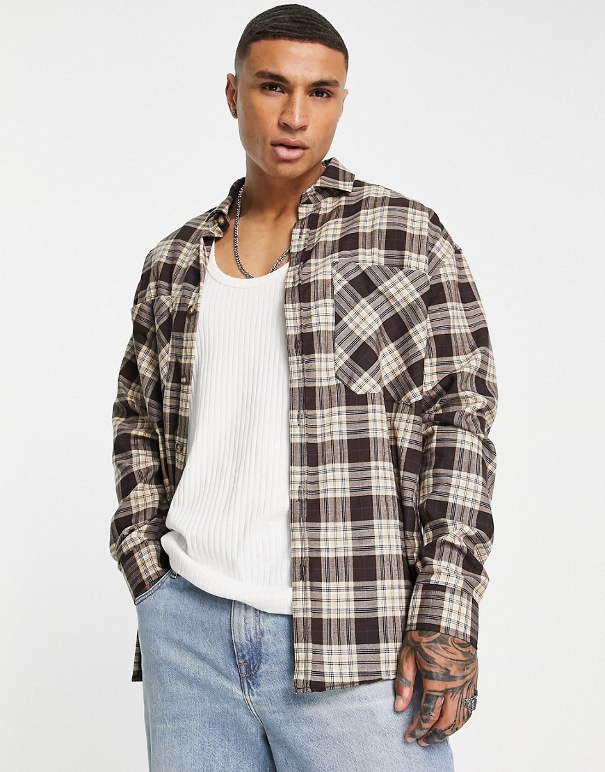 Topman oversized check shirt in brown