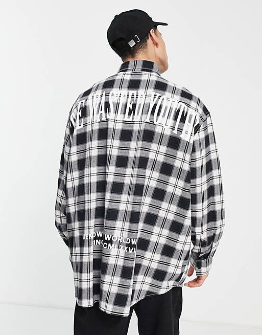 Men Topman oversized check shirt with back print in mono 