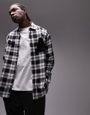 Topman oversized check shirt with badges in black and white - ASOS Price Checker
