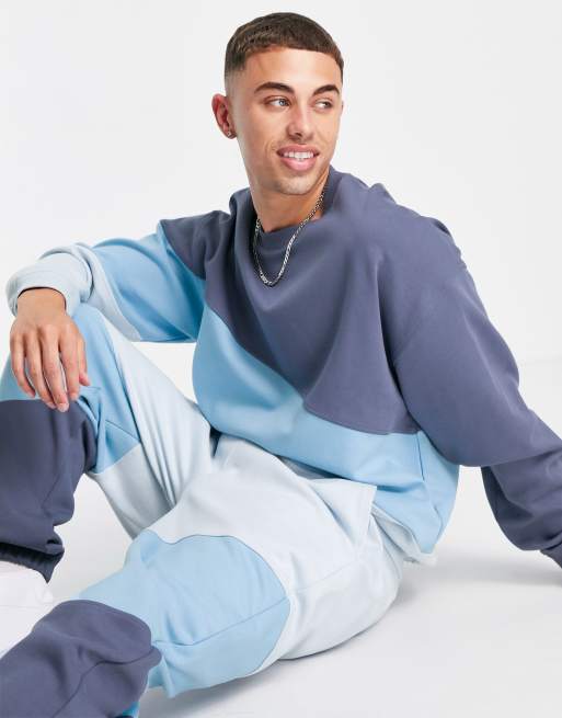Topman oversized co-ord colour block sweat in blue