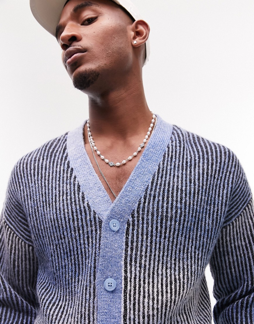 Topman oversized co-ord knitted cardigan with ombre rib in blue