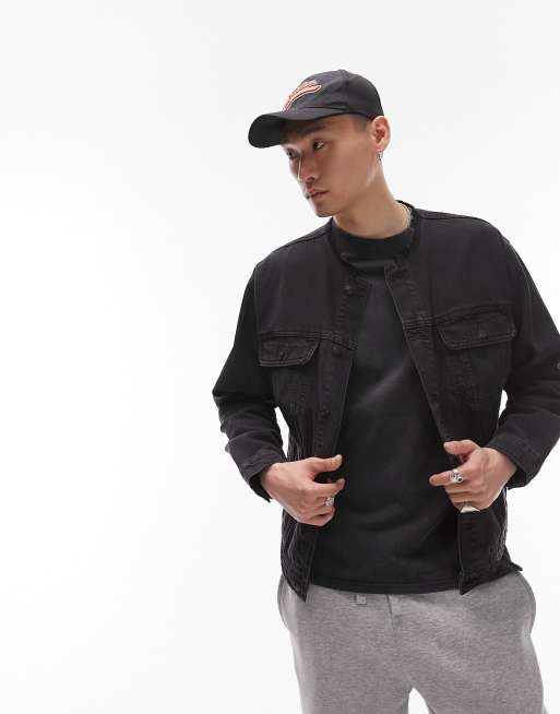 Topman oversized collarless denim jacket in black