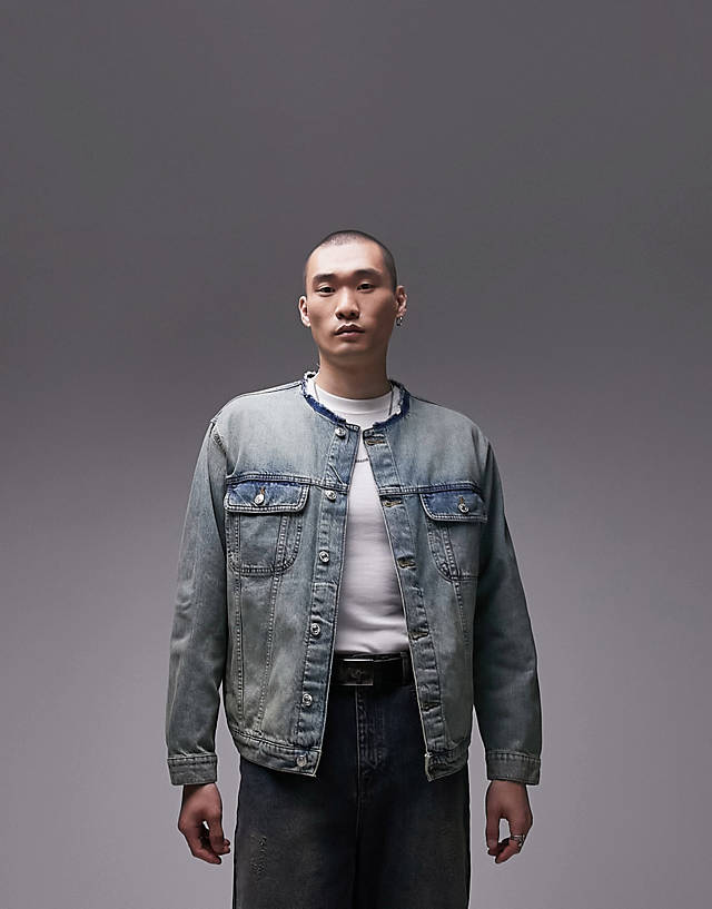 Topman - oversized collarless denim jacket with tint in blue