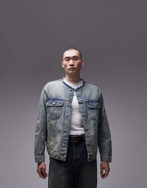 Collarless denim shop jacket men