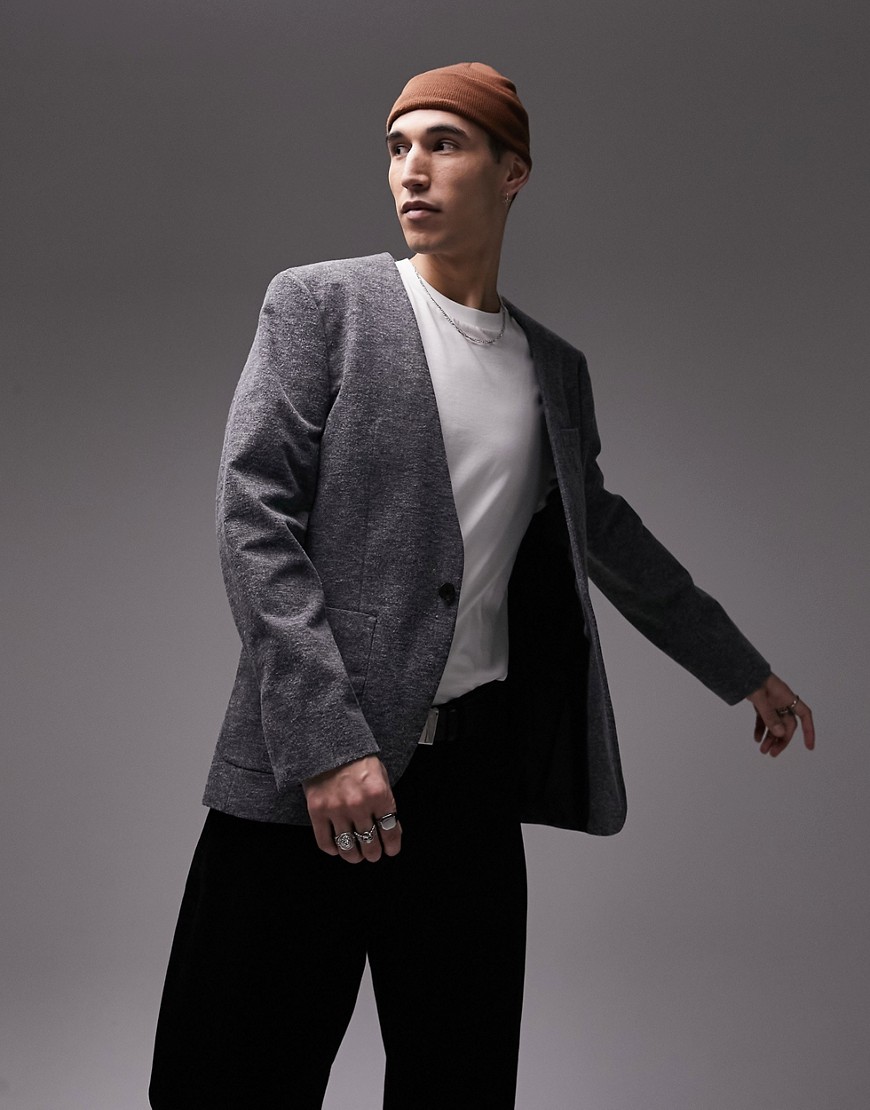Topman Oversized Collarless Jersey Blazer In Gray