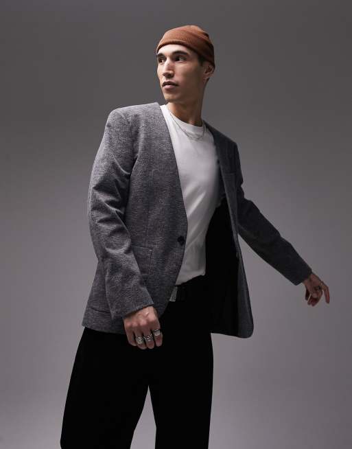 Topman oversized collarless jersey blazer in gray