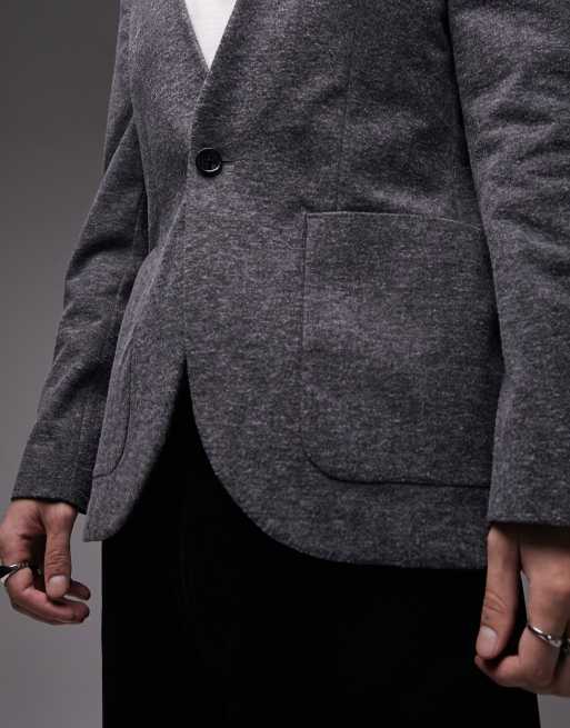 Topman oversized collarless jersey blazer in gray