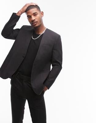 Topman ribbed collarless oversized suit jacket in black