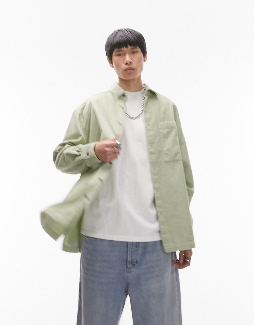 Topman Oversized Cord Shirt In Sage-green