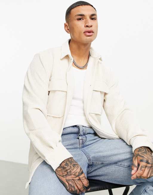 Topman - Oversized corduroy overhemd in jaren 90-stijl in gebroken wit 