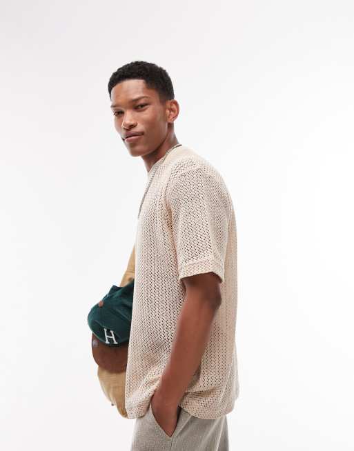 Topman oversized cotton mesh T-shirt in stone