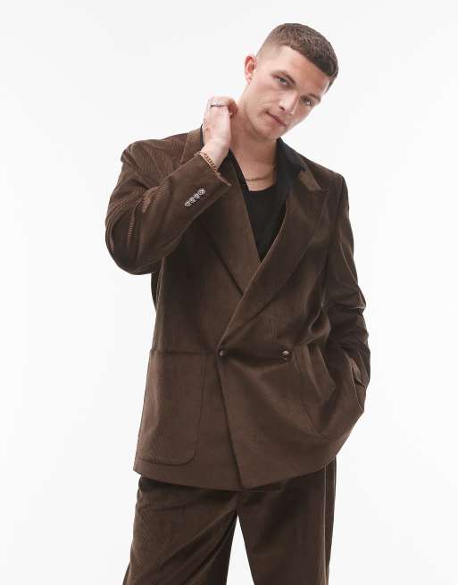 Topman - Oversized double breasted colbert van corduroy in bruin