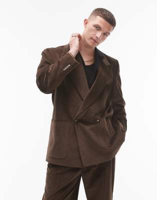 Topman oversized double breasted cord suit jacket in brown