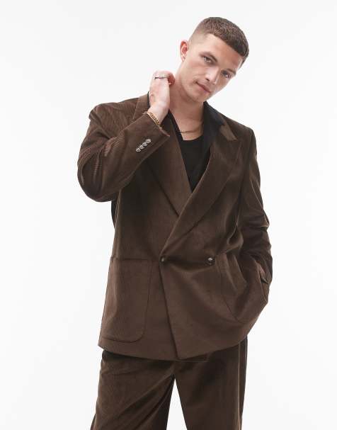 Topman oversized double breasted cord suit jacket in brown - view 1