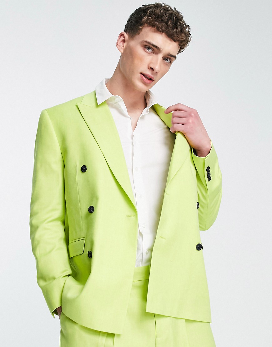 Topman oversized double breasted suit jacket in lime-Green