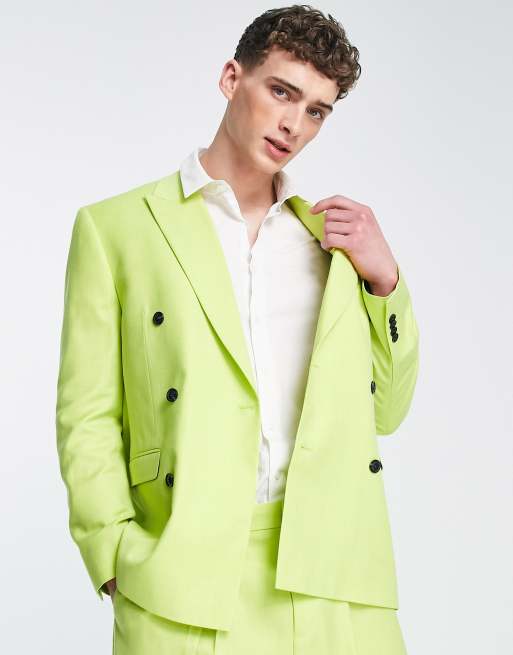 Topman oversized double breasted suit jacket in lime | ASOS