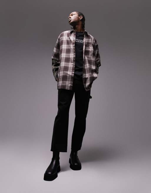 Topman oversized double layer check shirt in brown | ASOS