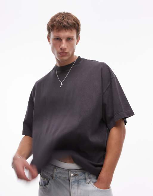 Topman oversized drop shoulder t-shirt in washed black